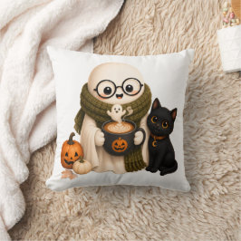 Söt mysig halloween-ghost med svart katt kudde