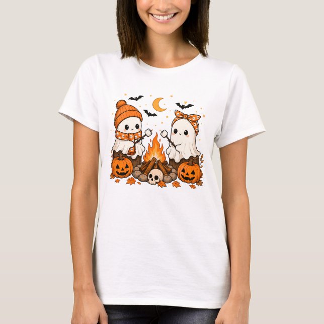Söt mysig Halloween-spök lägereld Höst T Shirt (Framsida)