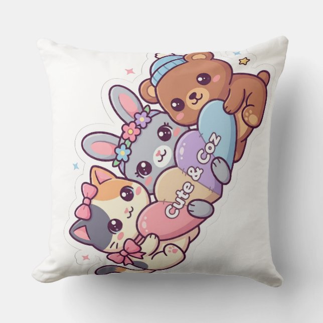 Söt & Mysig Kawaii Djur Trio Pastell Kastkudde Kudde (Framsida)