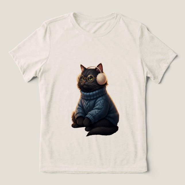 Söt mysig vinterkatt i blå tröja T-shirt (Design Framsida)