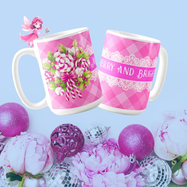 Söt Mysigt Rosa och Lila jul Kaffemugg (Pink checks, ribbon and lace, and candy canes. How sweet is that?)