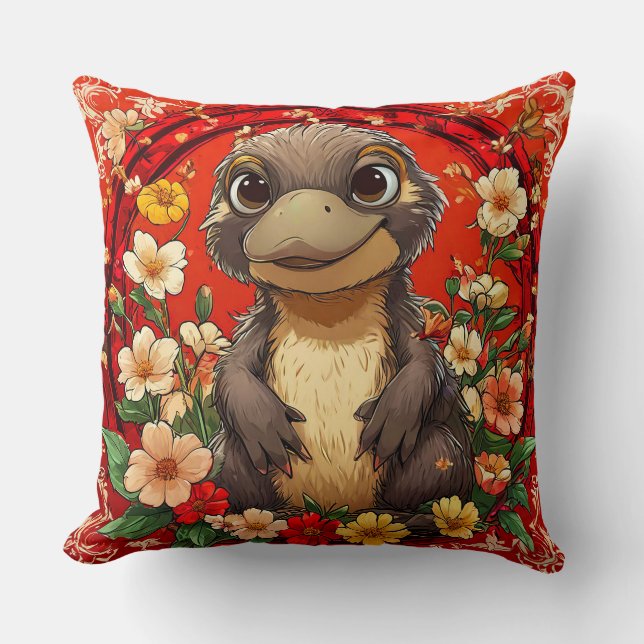 🦆🌸 Söt Näbbdjur Blommig Mysig Dekoration Present Kudde (Framsida)
