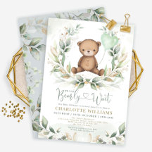 Söt Nalle Baby Shower Greenery Guld Balloon