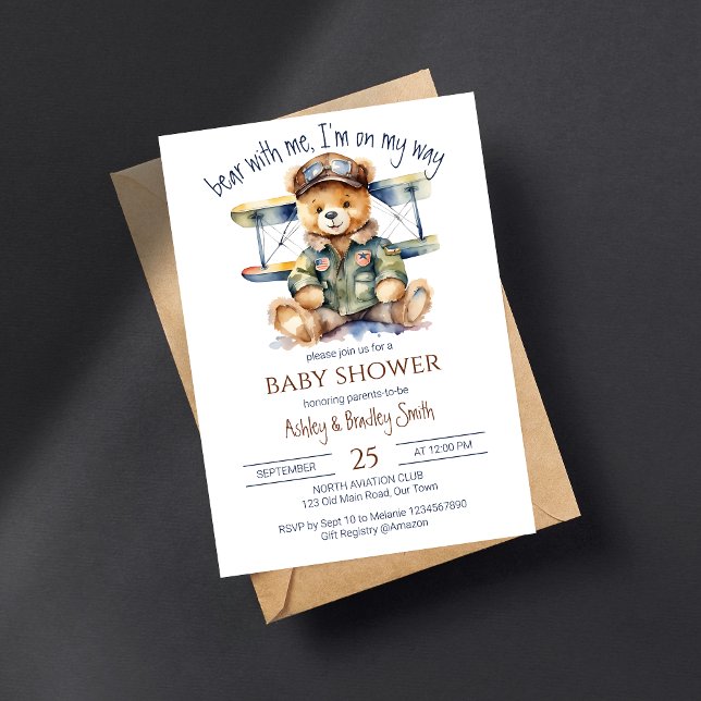 Söt nalle-babydusch för en liten pilot inbjudningar (Tiny pilot teddy cute bear baby shower template invitation digital download vintage pilot jacket)