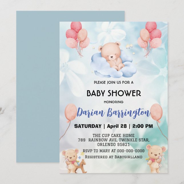 Söt nalle blommor blommigt himmel babydusch par inbjudningar (Fram/baksida)