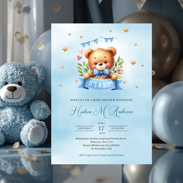 Söt nalle, det är en barndusch. inbjudningar (cute teddy bear it's a boy baby shower invitation)