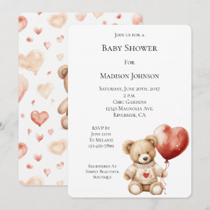 Söt Nalle Heart Balloon Baby Shower Inbjudningar