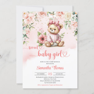Söt nalle med blommor, babydusch inbjudningar