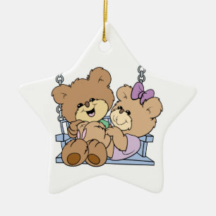 Söt nalle par romantik på bänksydd julgransprydnad keramik