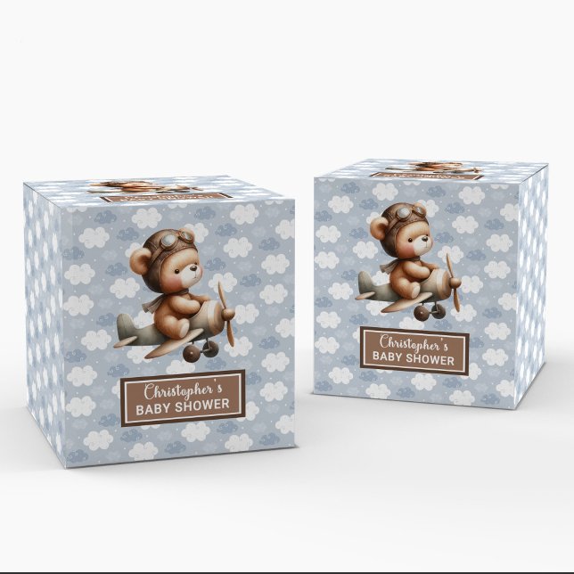 Söt nalle Pilot duschmunstycke blått fält Presentaskar (Charming Teddy Bear Pilot Boy Baby Favor Box)
