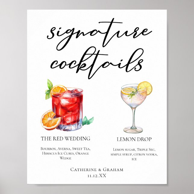 Söt Namnteckning Cocktails Bröllop Menu Poster (Framsidan)