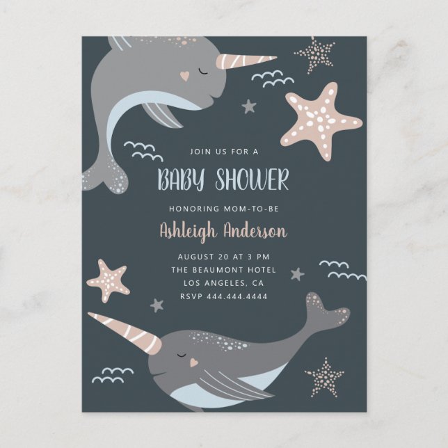 Söt Narwhal Nautical ThLED Baby Shower Inbjudan Vykort (Framsida)