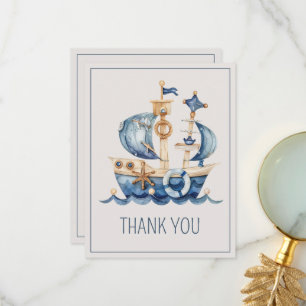 Söt nautisk blå akvarellfartyg baby shower tack kort