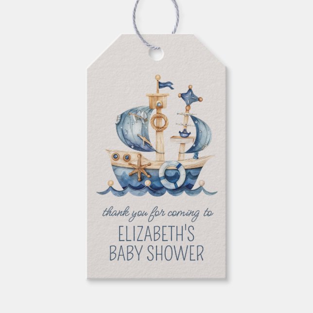 Söt nautisk blå segelbåt Baby Shower Presentetikett (Framsidan)