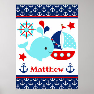 Söt nautisk blå val och ankare mönster poster