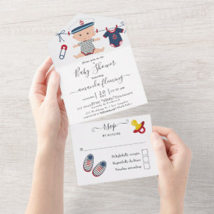 Söt nautisk pojke baby shower allt-i-ett-inbjudan
