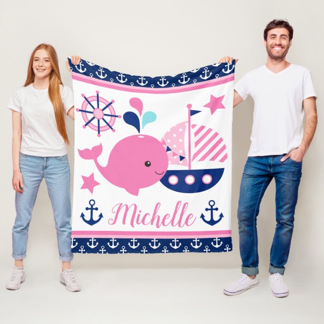 Söt nautisk rosa val och ankare mönster fleecefilt (På plats)