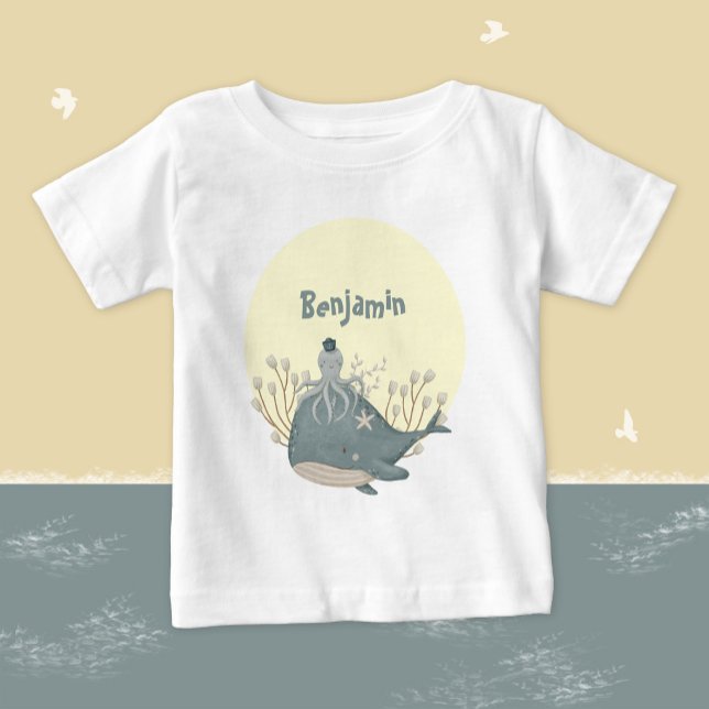 Söt nautisk val bläckfisk baby shower t shirt (Sweet Nautical Whale Squid Watercolor Baby Shower Baby T-Shirt ©Susanne Sachers - Sunny Mind Design )