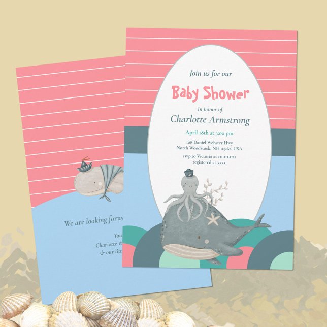 Söt nautisk val bläckfisk rosa babyfirande inbjudningar (Cute Nautical Whale Squid Pink Baby Shower Invitation ©Susanne Sachers - Sunny Mind Design 🌞)