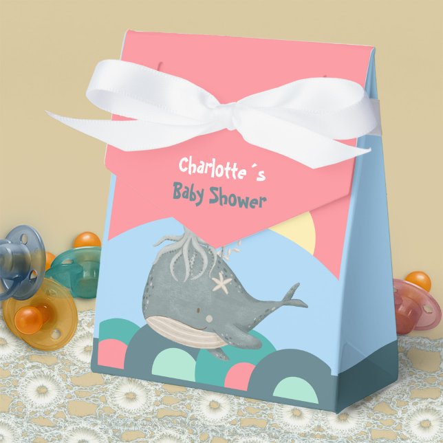 Söt nautisk val bläckfisk rosa babyfirande presentaskar (Cute Nautical Whale Squid Pink Baby Shower Favor Boxes ©Susanne Sachers - Sunny Mind Design 🌞)