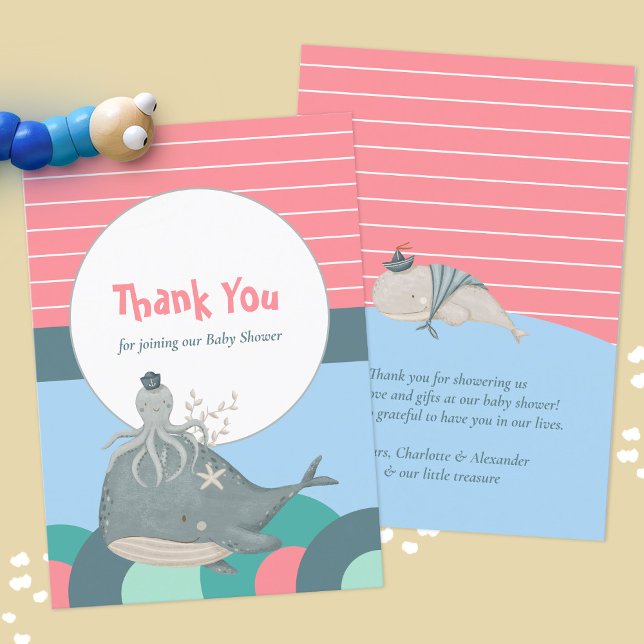 Söt nautisk val bläckfisk rosa babyfirande tack kort (Cute Pink Nautical Whale Squid Baby Shower Thank You Card ©Susanne Sachers - Sunny Mind Design 🌞)