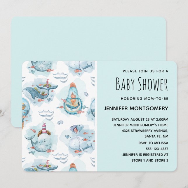 Söt nautisk valar akvarellmönster dusch inbjudningar (Fram/baksida)