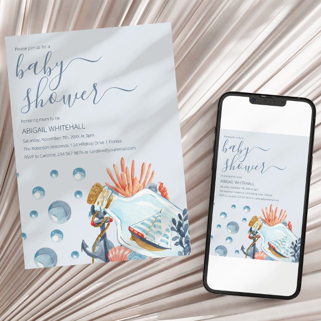 Söt nautisk vattenfärg-baby shower-inbjudan inbjudningar (Skapare uppladdad)