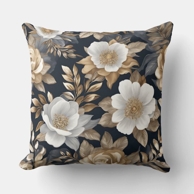 Söt Navy Blue Guld White Blommigt Kudde (Framsida)