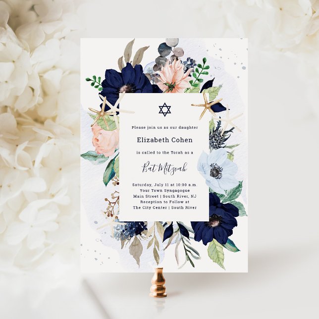 Söt Navy Blue Nautical Flowers | BAT MITZVAH Inbjudningar (Skapare uppladdad)