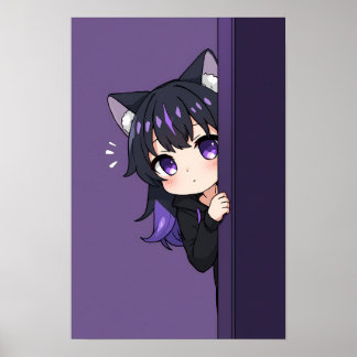 Söt neko-chibi som tittar fram – Blyg lila kattfli Poster