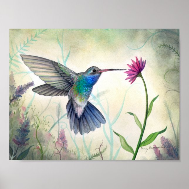 Söt Nektar Kolibri och Blomma Akvarell Poster (Framsidan)