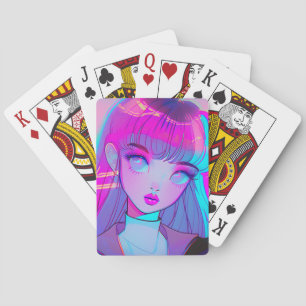 Söt neon anime flicka som spelar kort casinokort