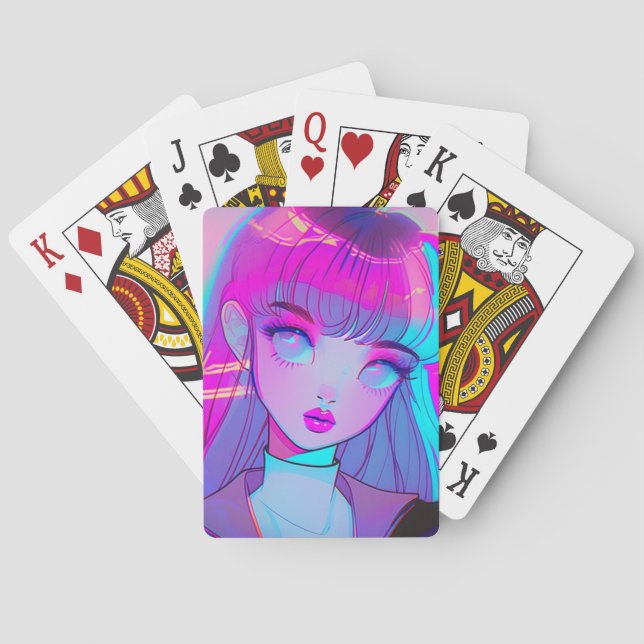 Söt neon anime flicka som spelar kort casinokort (Baksidan)