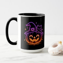 Söt Neon Halloween Pumpa Katt Kaffe Mugg