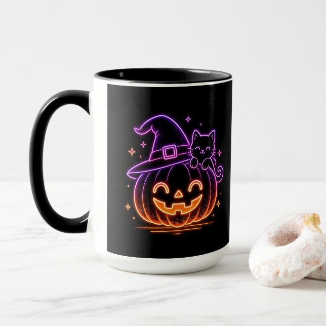 Söt Neon Halloween Pumpa Katt Kaffe Mugg (Med munk)