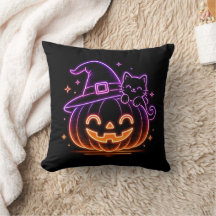Söt neon Halloween-pumpa katt kastkudde