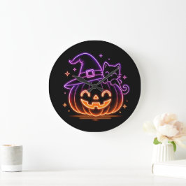 Söt Neon Halloween Pumpa Katt Väggtimme Stor Klocka