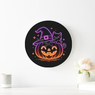 Söt Neon Halloween Pumpa Katt Väggtimme Stor Klocka