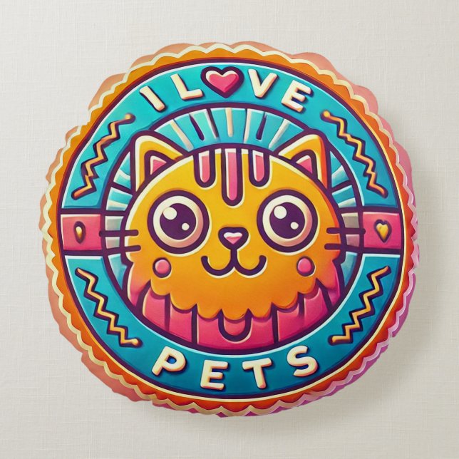 Söt Neon Katt-emblem Rund Kudde (Framsidan)