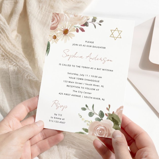 Söt Neutralt Blommigt för vattenfärg | BAT MITZVAH Inbjudningar (Skapare uppladdad)