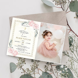 Söt Neutralt Vattenfärgsfoto Blommigt Baptism Foto Inbjudningar