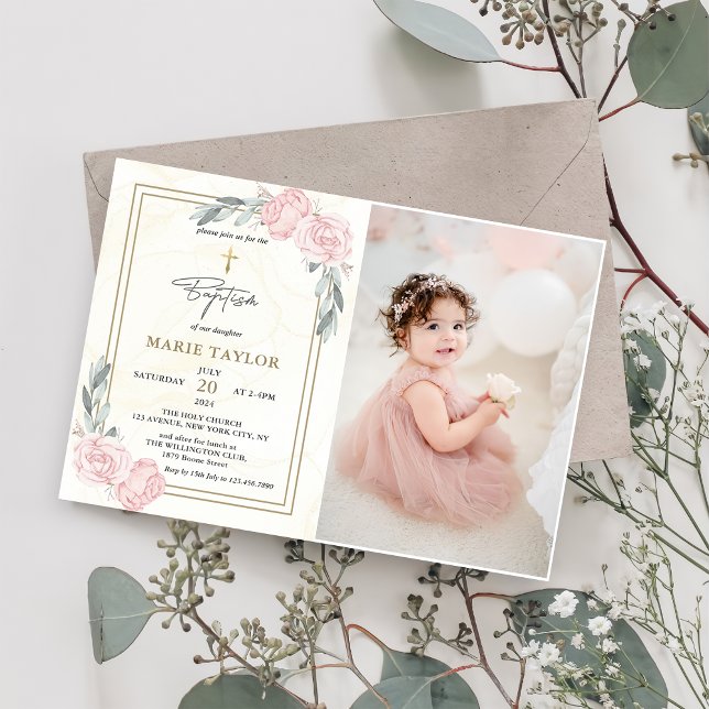 Söt Neutralt Vattenfärgsfoto Blommigt Baptism Foto Inbjudningar (Skapare uppladdad)