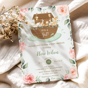 Söt Noas ark Rosa Blommig Flickas Babyshower Inbjudningar