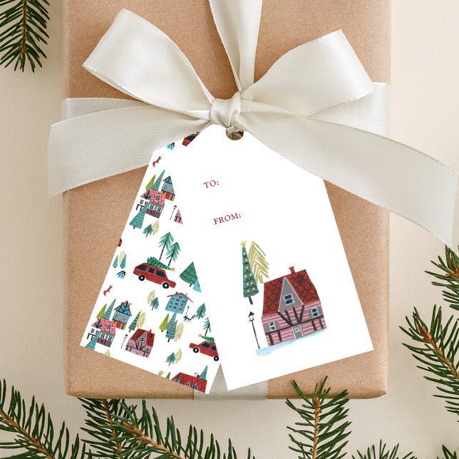 Söt nordisk skidby julfest presentetikett (Cute Nordic skiing Village Christmas Party Gift Tags)