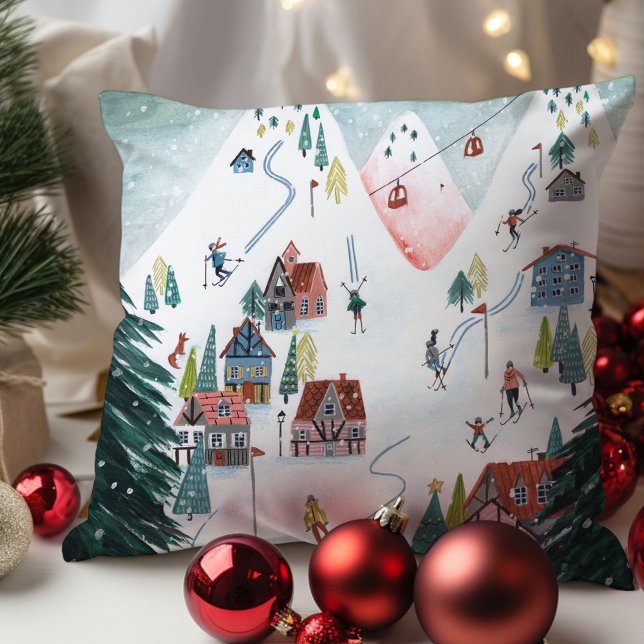 Söt nordisk skridskoåkande by kudde (Cute Nordic skating Village Throw Pillow)