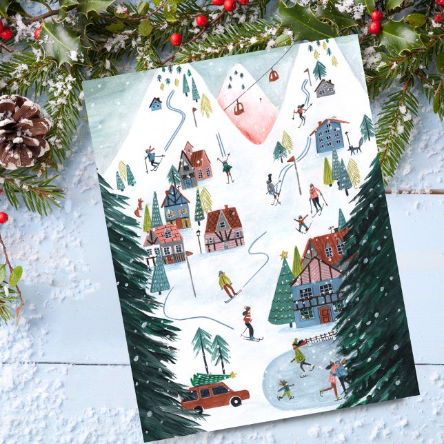 Söt nordisk skridskoåkning by jul  helg vykort (Cute Nordic skating Village Christmas Holiday Postcard)