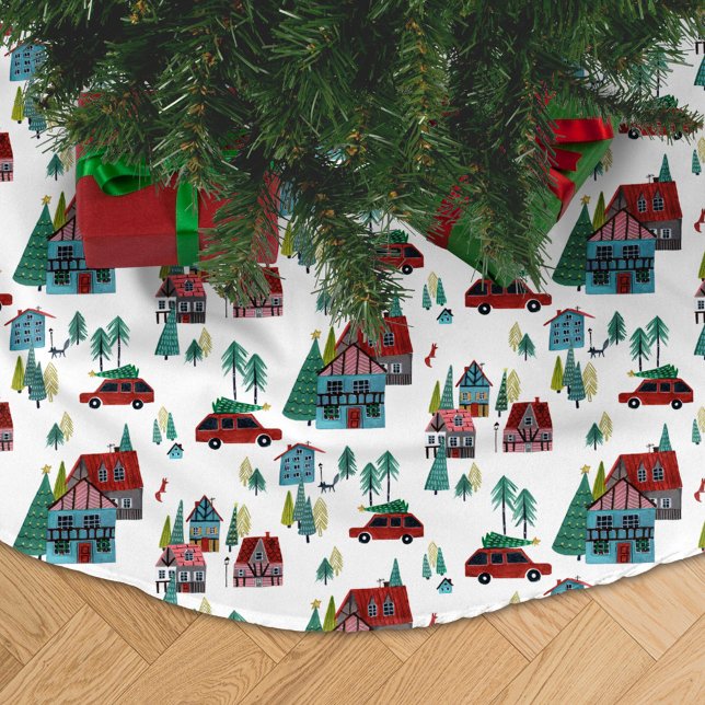 Söt nordisk skridskoåkning by julmönster julgransmatta borstad polyester (Cute Nordic skating Village Christmas Pattern Brushed Polyester Tree Skirt)