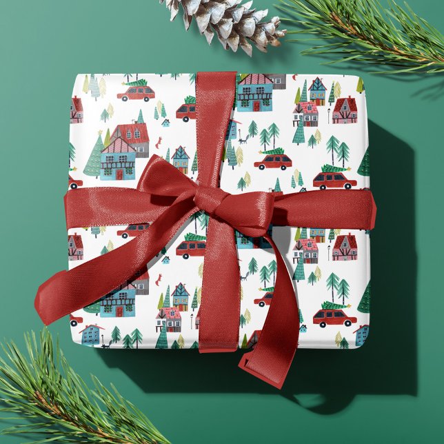 Söt nordisk skridskoåkning by julmönster presentpapper (Cute Nordic skating Village Christmas Pattern Wrapping Paper)