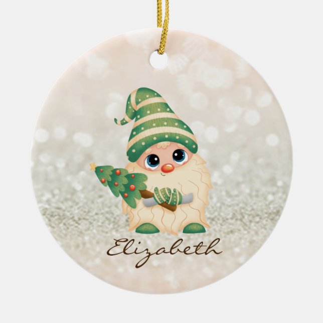 Söt nordisk tomte tall bokeh julgransprydnad keramik (Framsidan)