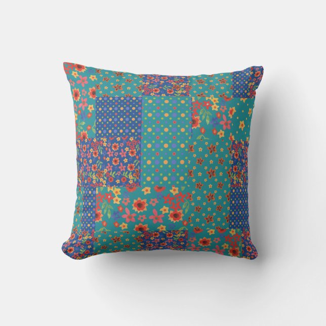 Söt Nostalgic Faux Patchwork Mönster Pillow Kudde (Framsida)